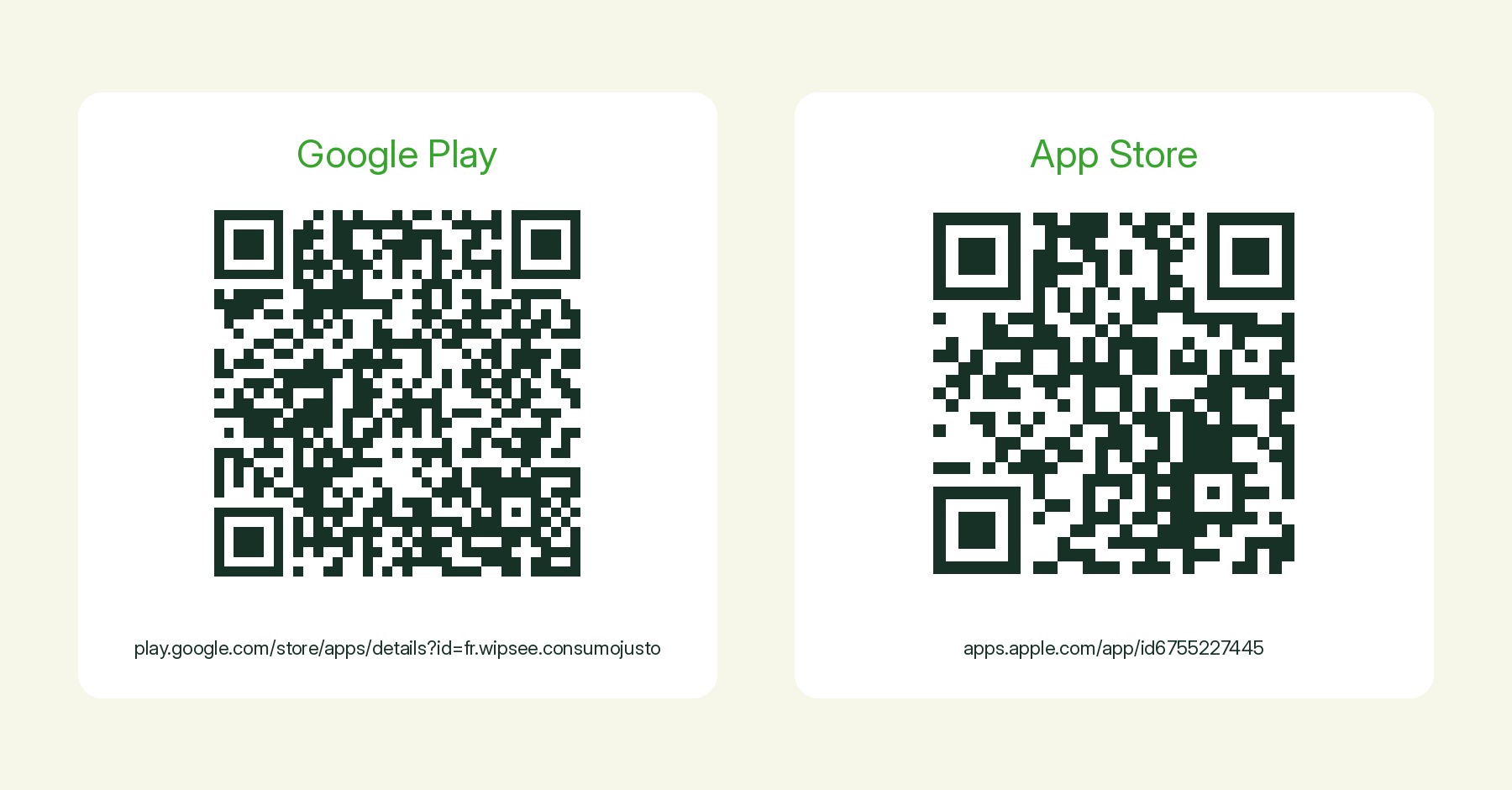 QR codes for downloading the Consumo Justo app from Google Play and the App Store