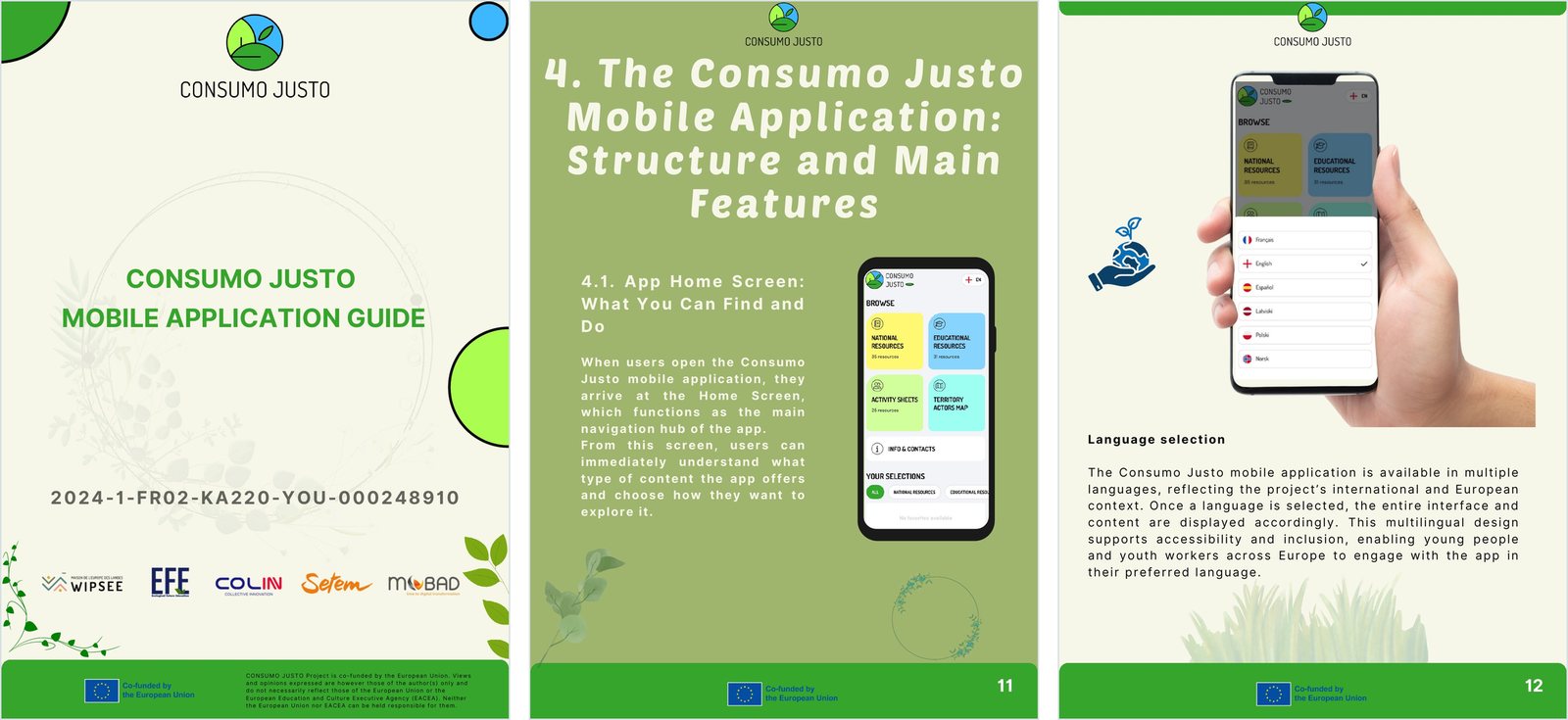 Three pages of the Consumo Justo Mobile Application Guide: the cover and two pages explaining the app
