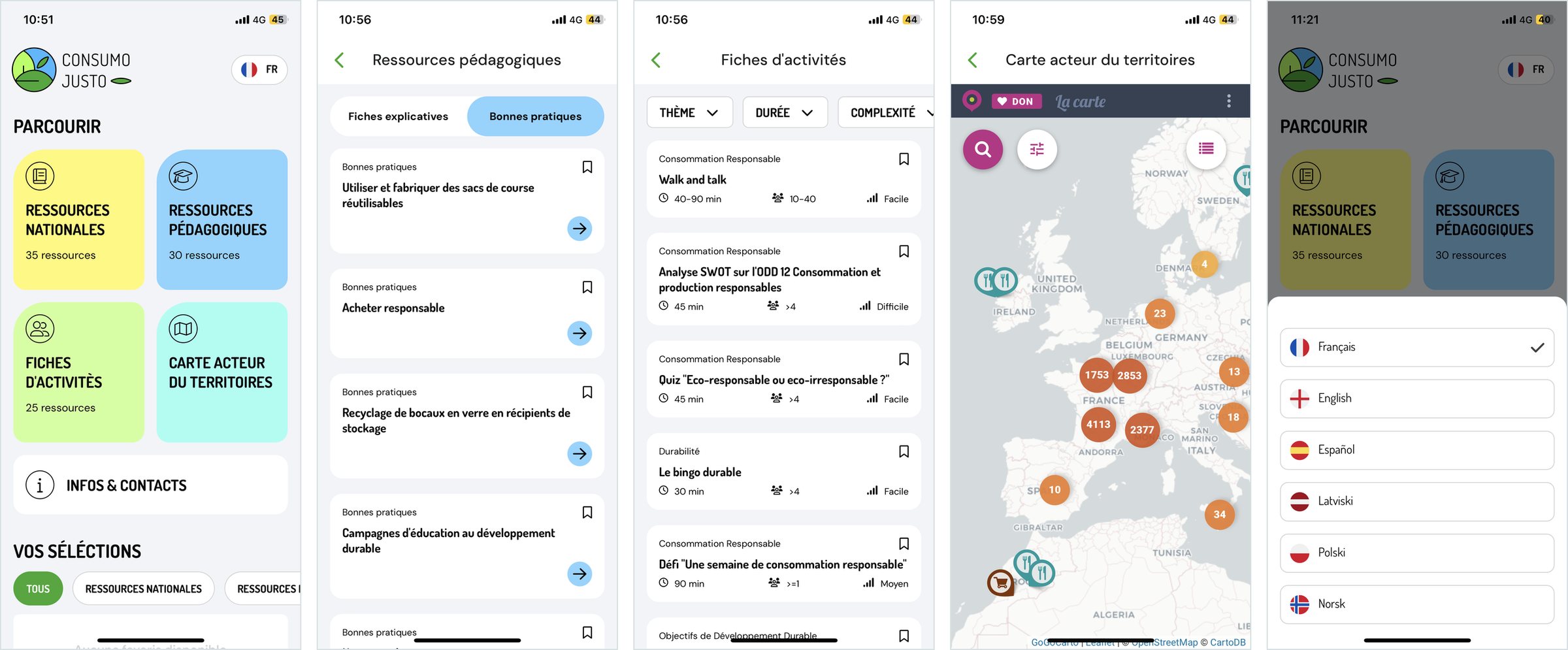 Five screens of the app: home screen, good practices, activity sheets, map and language selection
