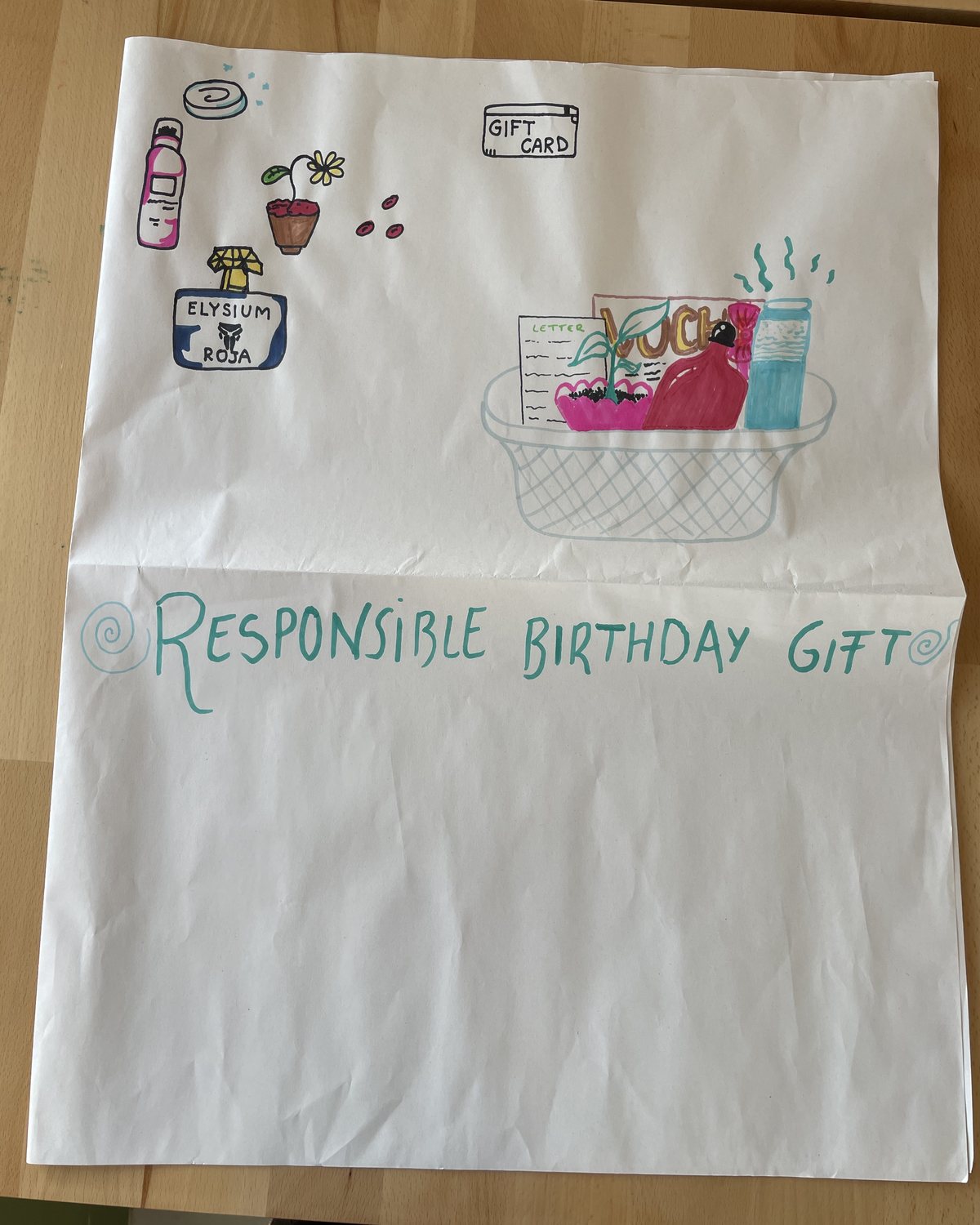 A hand-drawn poster titled Responsible Birthday Gift, showing a gift basket with local products and a gift card